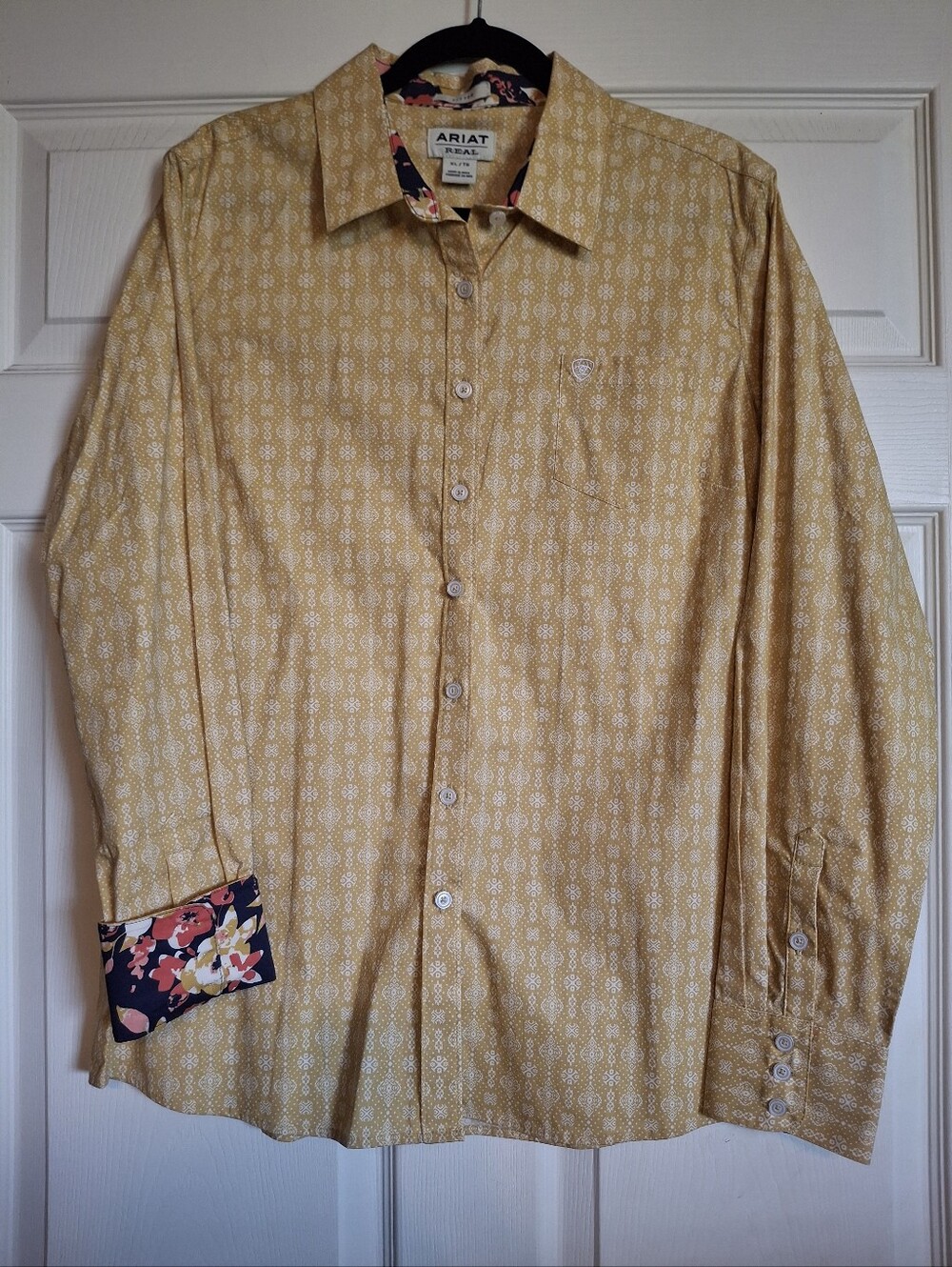Ariat Women's Mustard Yellow Printed Button-Down Shirt with Floral Accents